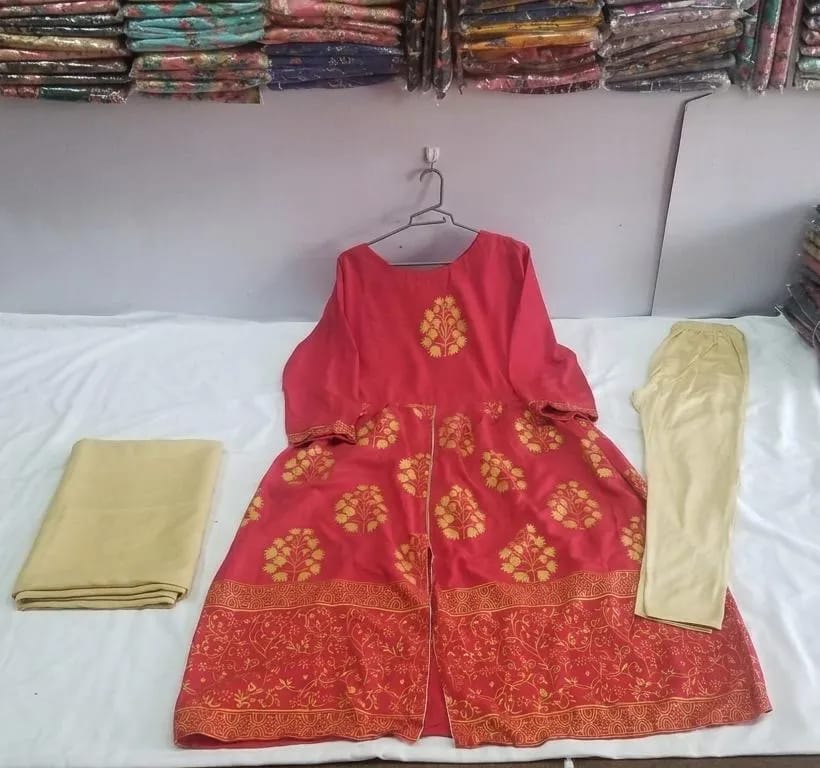 3-Piece Printed Red Lawn Suit - Stitched