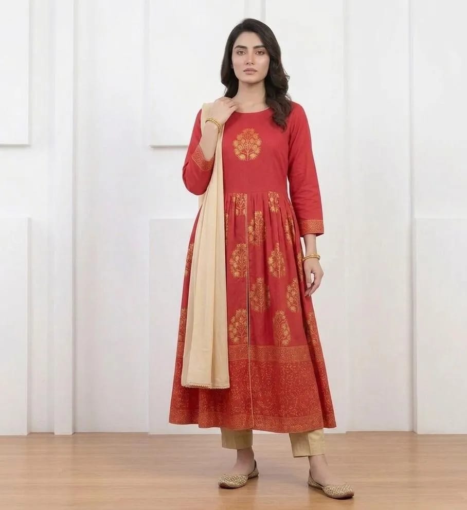 3-Piece Printed Red Lawn Suit - Stitched