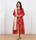 3-Piece Printed Red Lawn Suit - Stitched