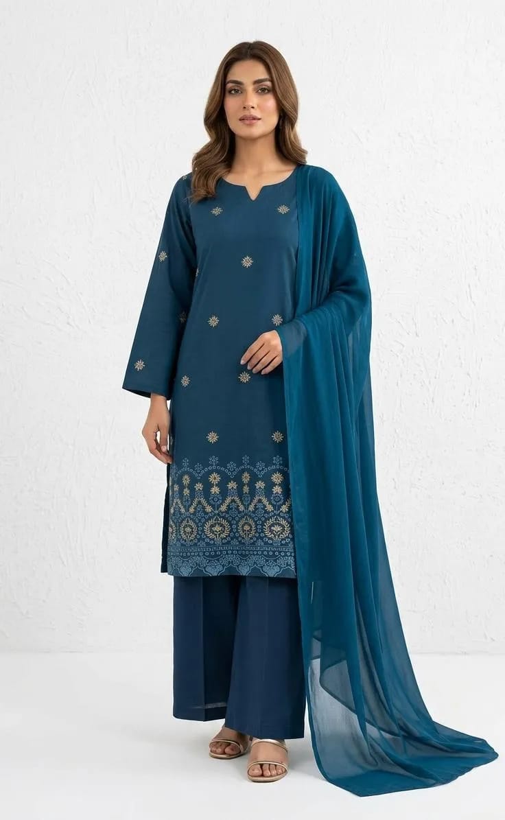 3-Piece Blue Embroidered Kurta Set with Chiffon Dupatta - Stitched