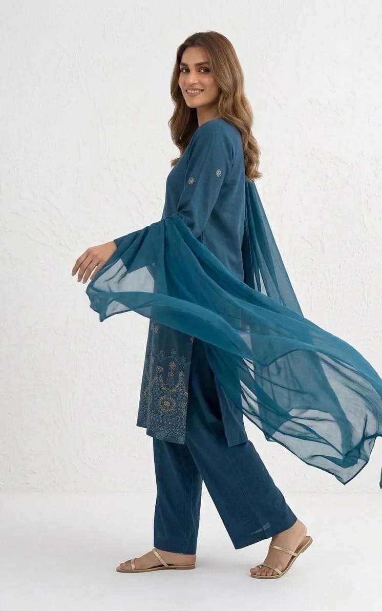 3-Piece Blue Embroidered Kurta Set with Chiffon Dupatta - Stitched