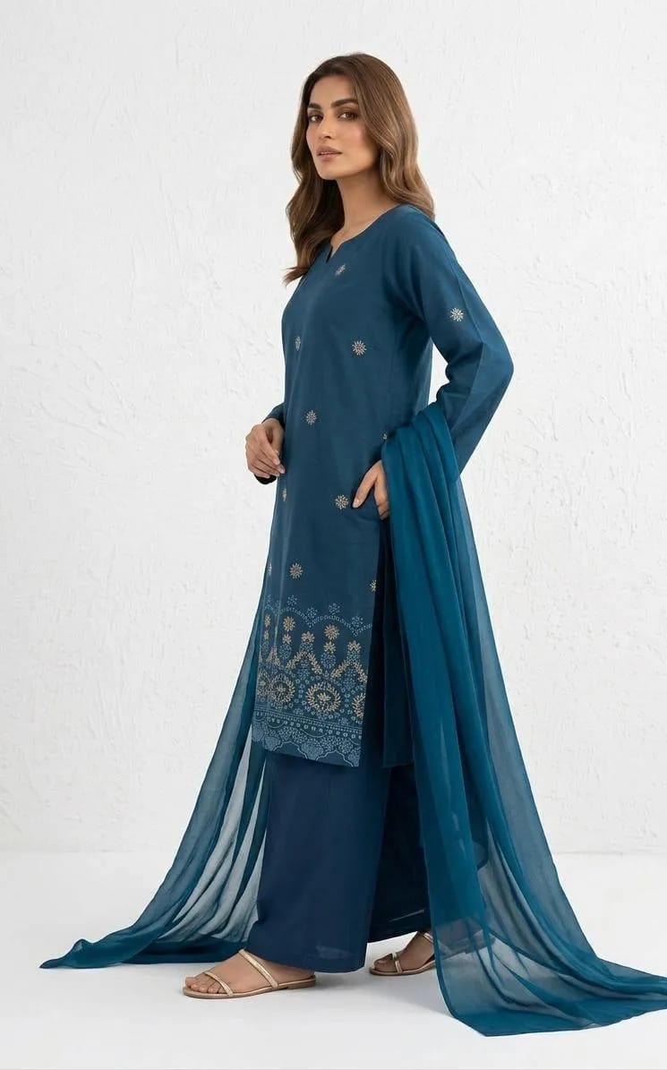3-Piece Blue Embroidered Kurta Set with Chiffon Dupatta - Stitched