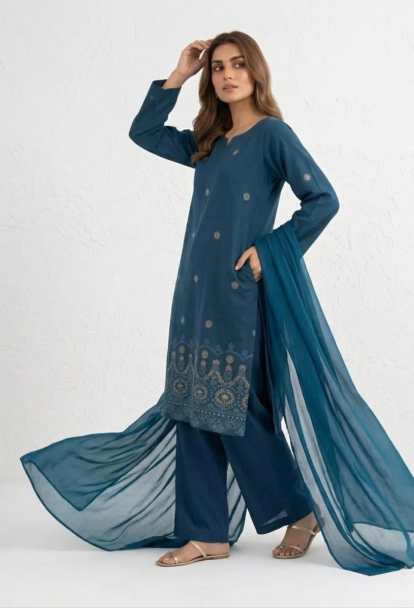 3-Piece Blue Embroidered Kurta Set with Chiffon Dupatta - Stitched