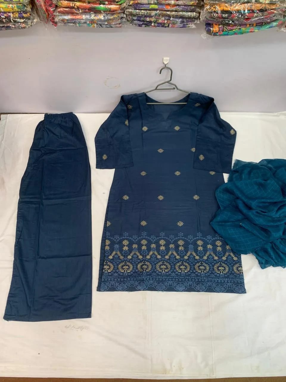 3-Piece Blue Embroidered Kurta Set with Chiffon Dupatta - Stitched