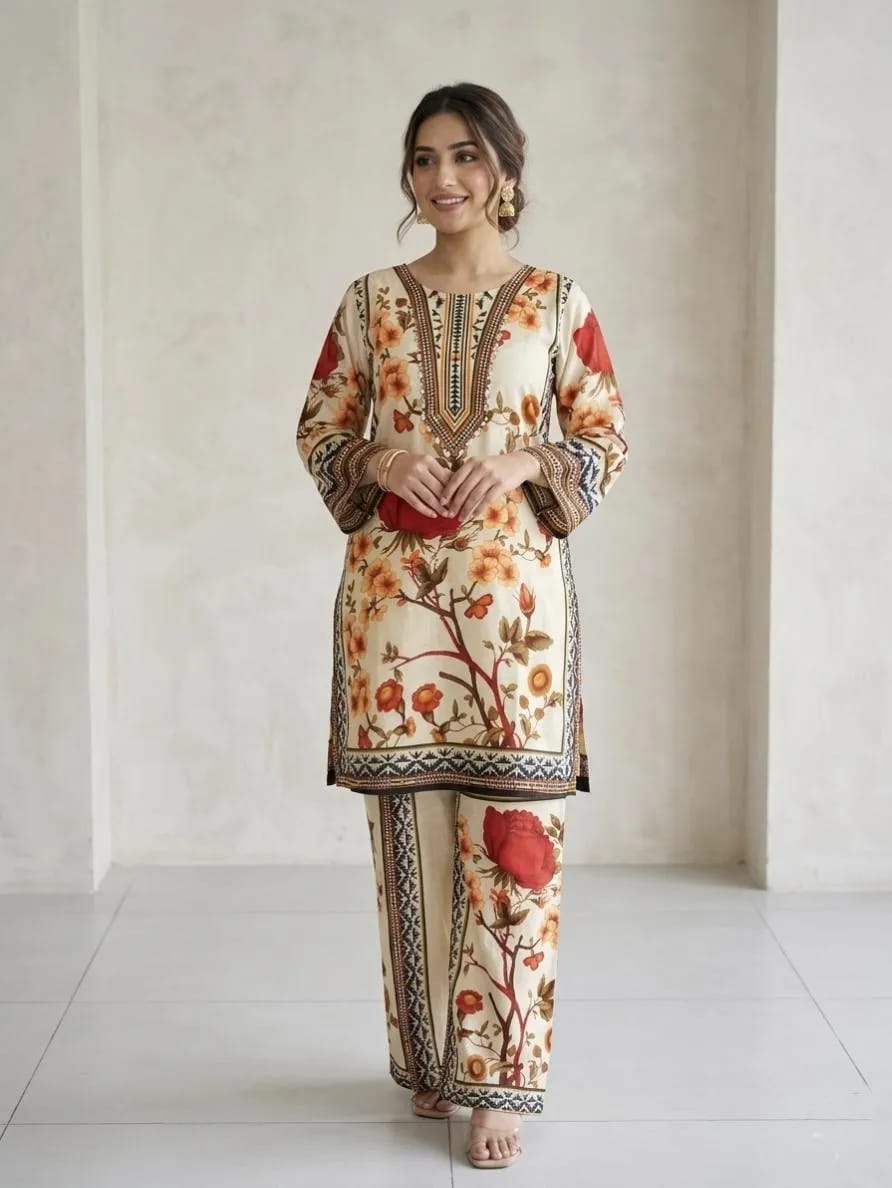 2-Piece Printed Kurta Pajama Set Embroidered - Stitched