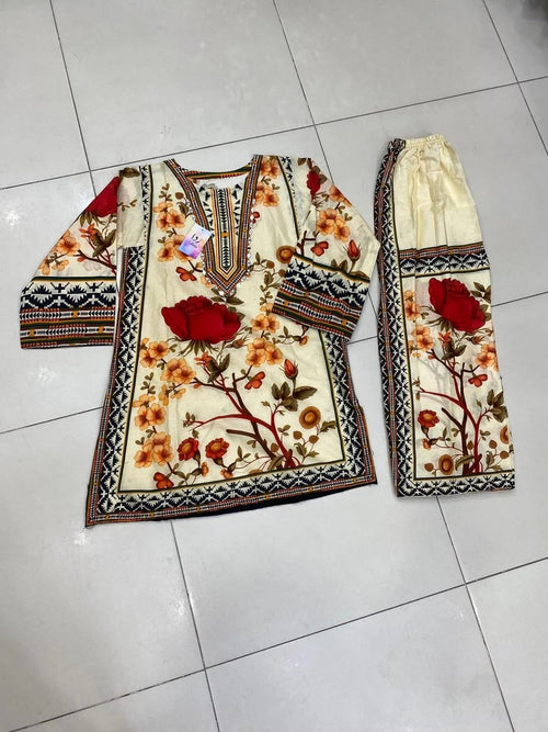 2-Piece Printed Kurta Pajama Set Embroidered - Stitched