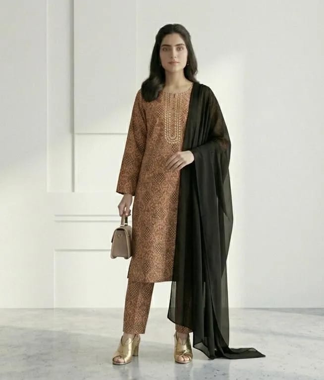 3-Piece Printed Brown & Black Kurta Set Embroidered - Stitched