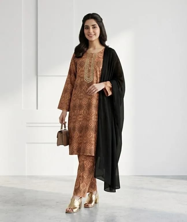 3-Piece Printed Brown & Black Kurta Set Embroidered - Stitched