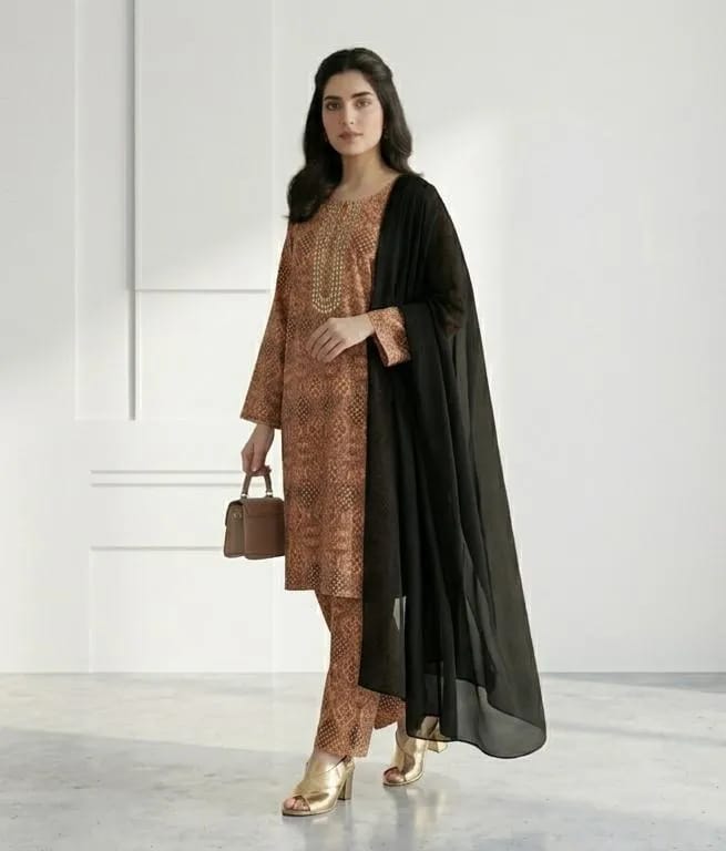 3-Piece Printed Brown & Black Kurta Set Embroidered - Stitched