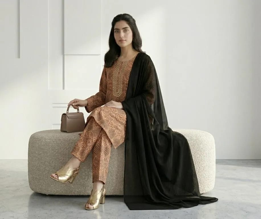 3-Piece Printed Brown & Black Kurta Set Embroidered - Stitched