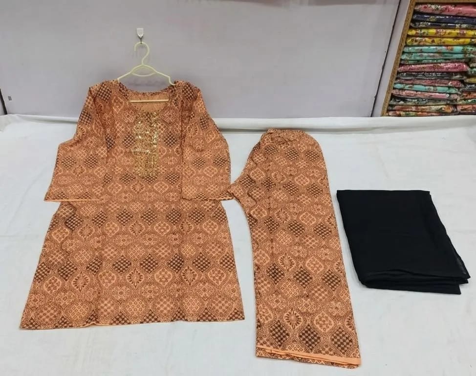 3-Piece Printed Brown & Black Kurta Set Embroidered - Stitched