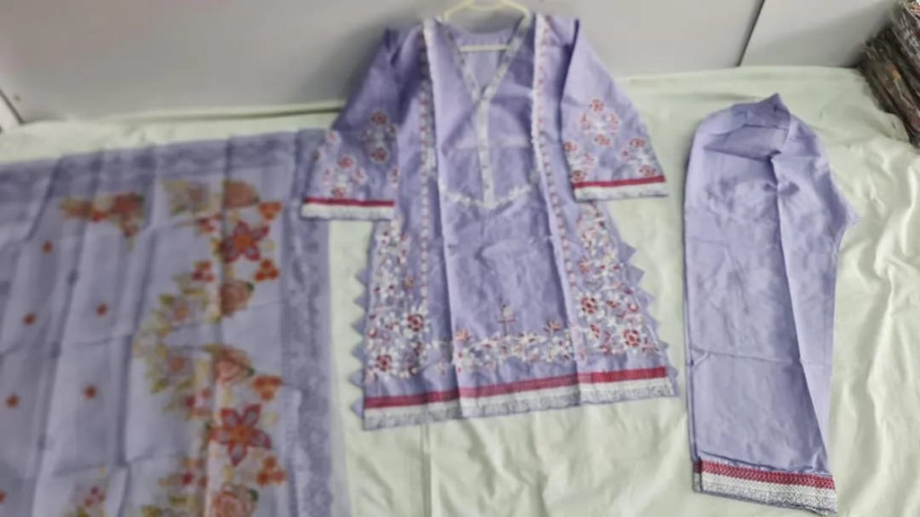 3-Piece Lilac Embroidered Cotton Lawn Set - Stitched