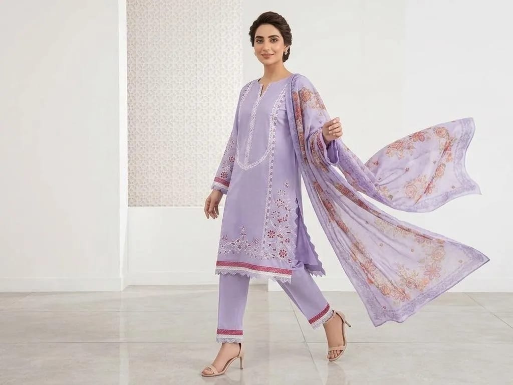 3-Piece Lilac Embroidered Cotton Lawn Set - Stitched