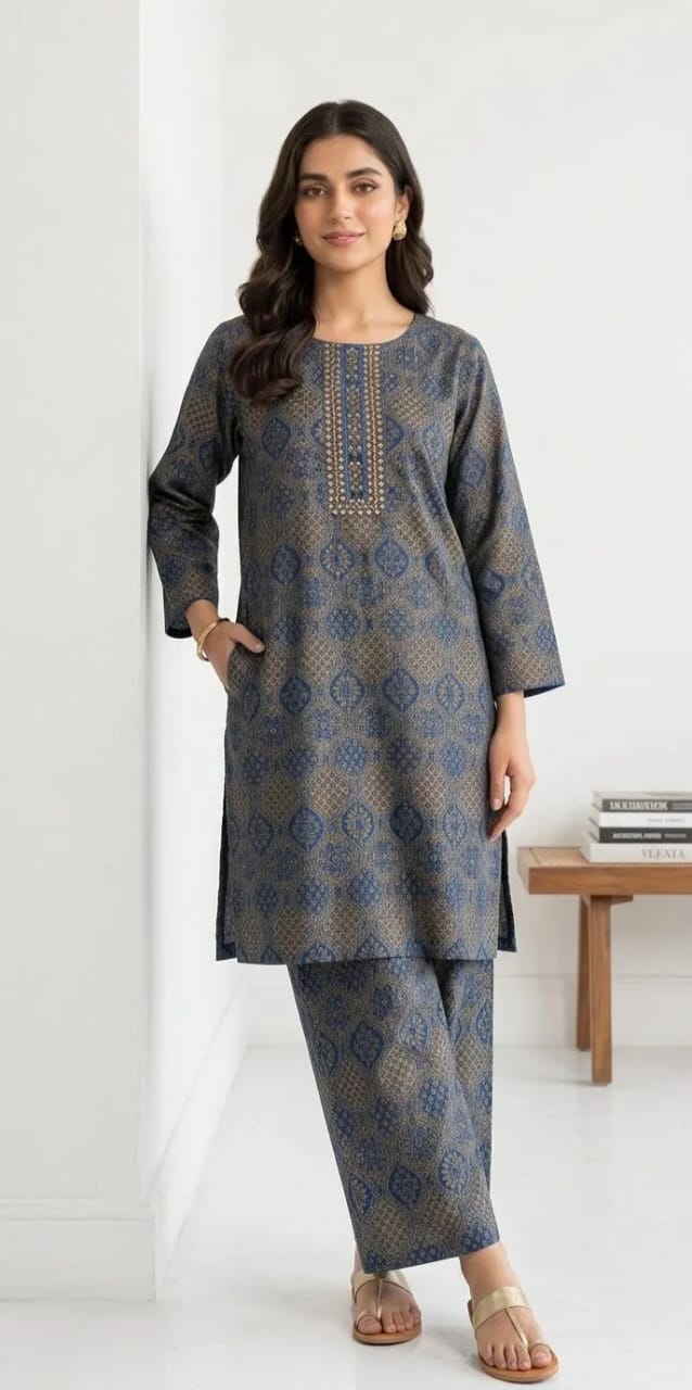 2-Piece Printed Blue Kurta Pajama Set - Stitched