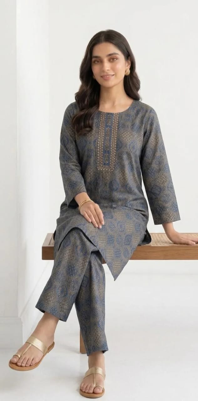 2-Piece Printed Blue Kurta Pajama Set - Stitched