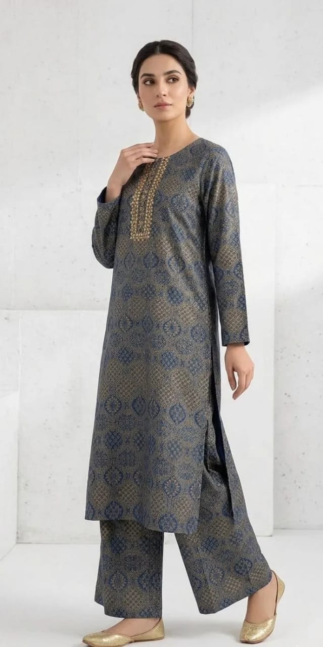 2-Piece Printed Blue Kurta Pajama Set - Stitched
