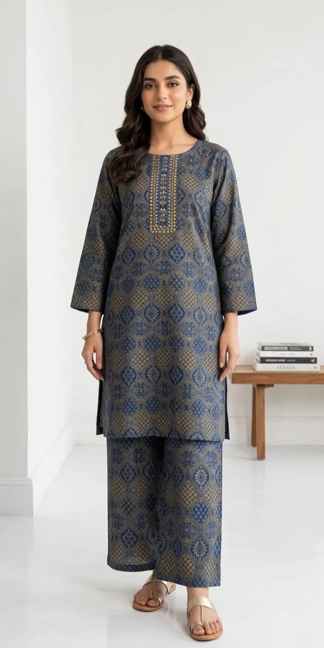 2-Piece Printed Blue Kurta Pajama Set - Stitched