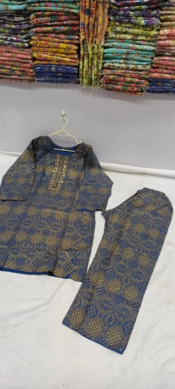 2-Piece Printed Blue Kurta Pajama Set - Stitched