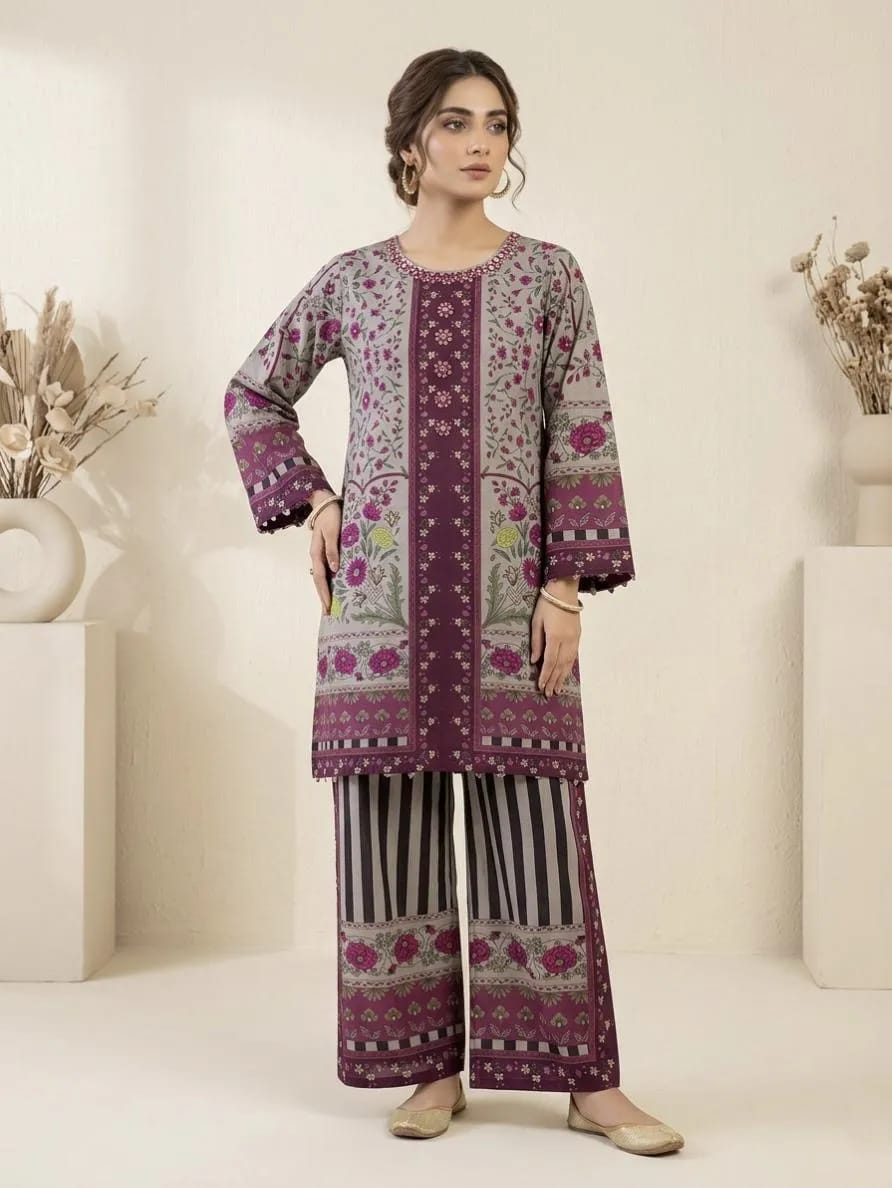 2-Piece Printed Maroon Lawn Suit - Stitched