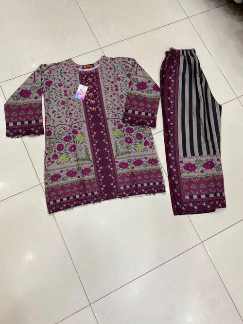 2-Piece Printed Maroon Lawn Suit - Stitched