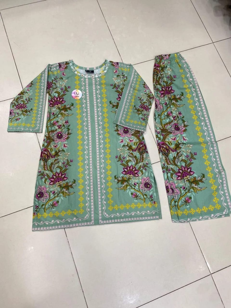2-Piece Printed Green Lawn Kurta Set - Stitched