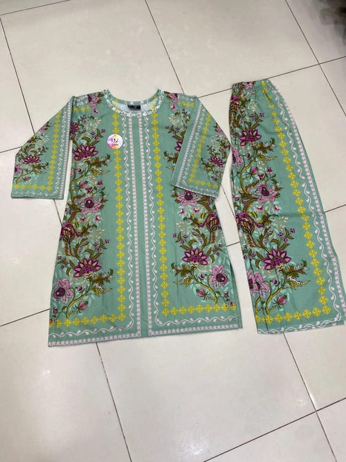 2-Piece Printed Green Lawn Kurta Set - Stitched