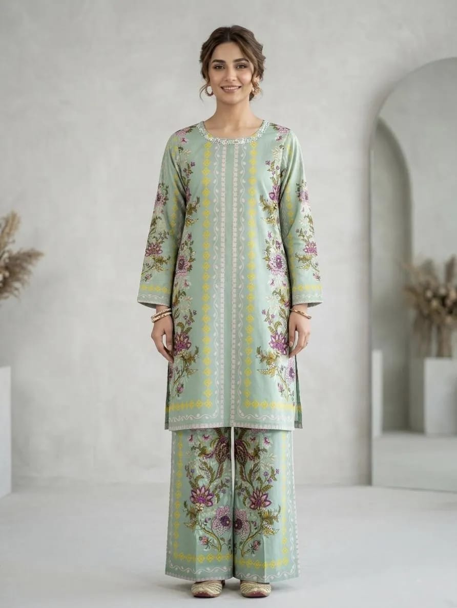 2-Piece Printed Green Lawn Kurta Set - Stitched