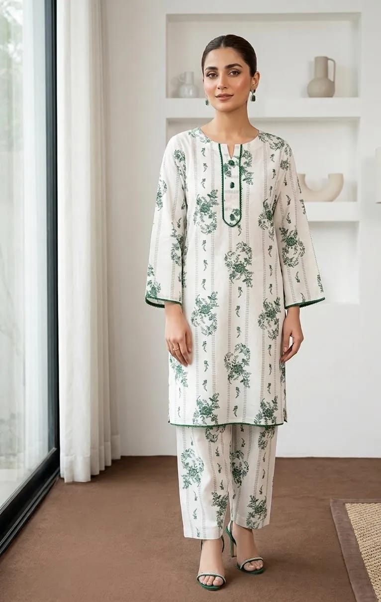 2-Piece White Printed Arabic Lawn Kurta Set - Stitched