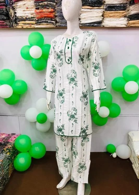 2-Piece White Printed Arabic Lawn Kurta Set - Stitched