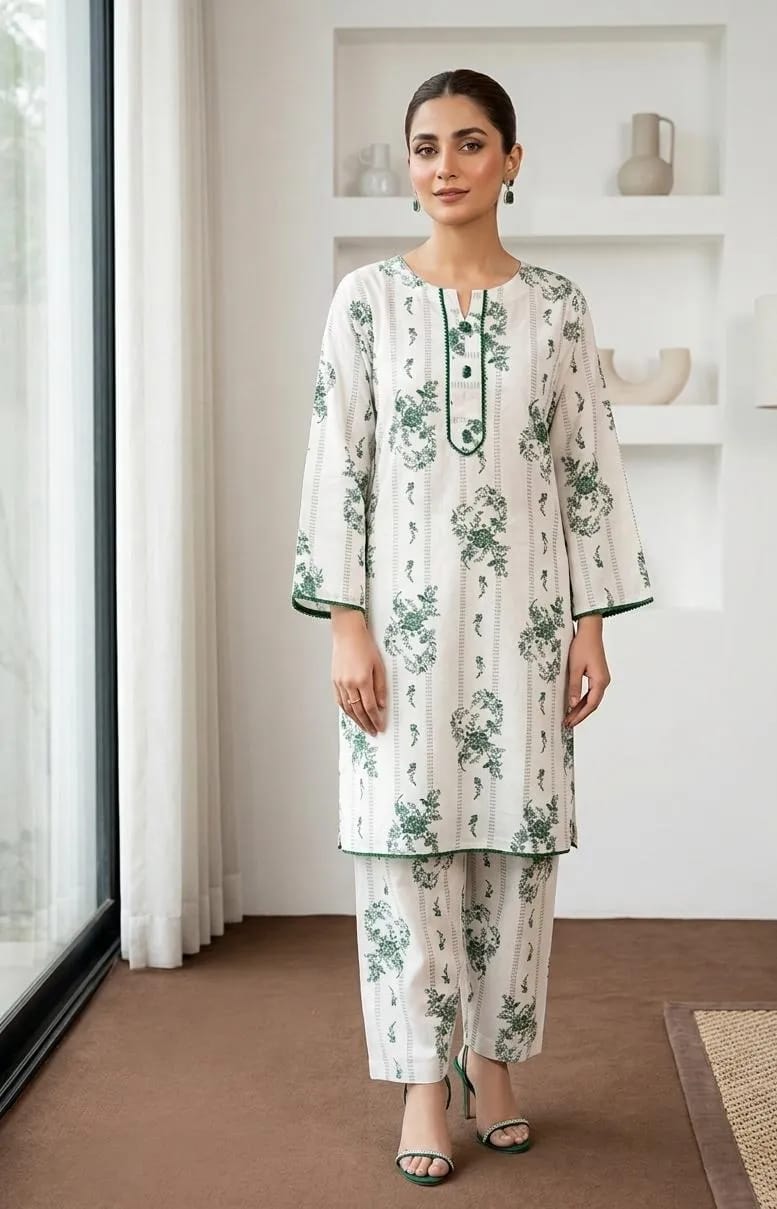 2-Piece White Printed Arabic Lawn Kurta Set - Stitched
