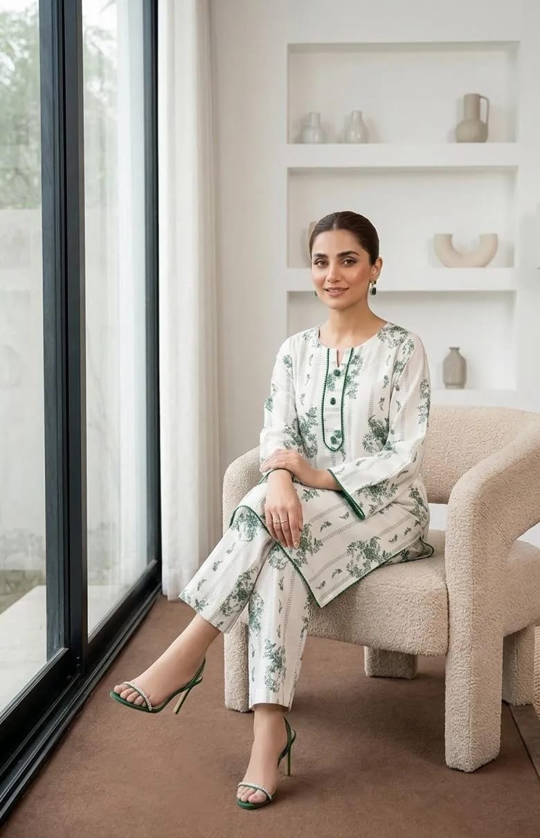 2-Piece White Printed Arabic Lawn Kurta Set - Stitched