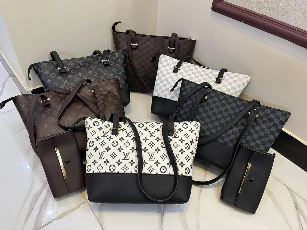 Black Checkered Leather Handbag Set