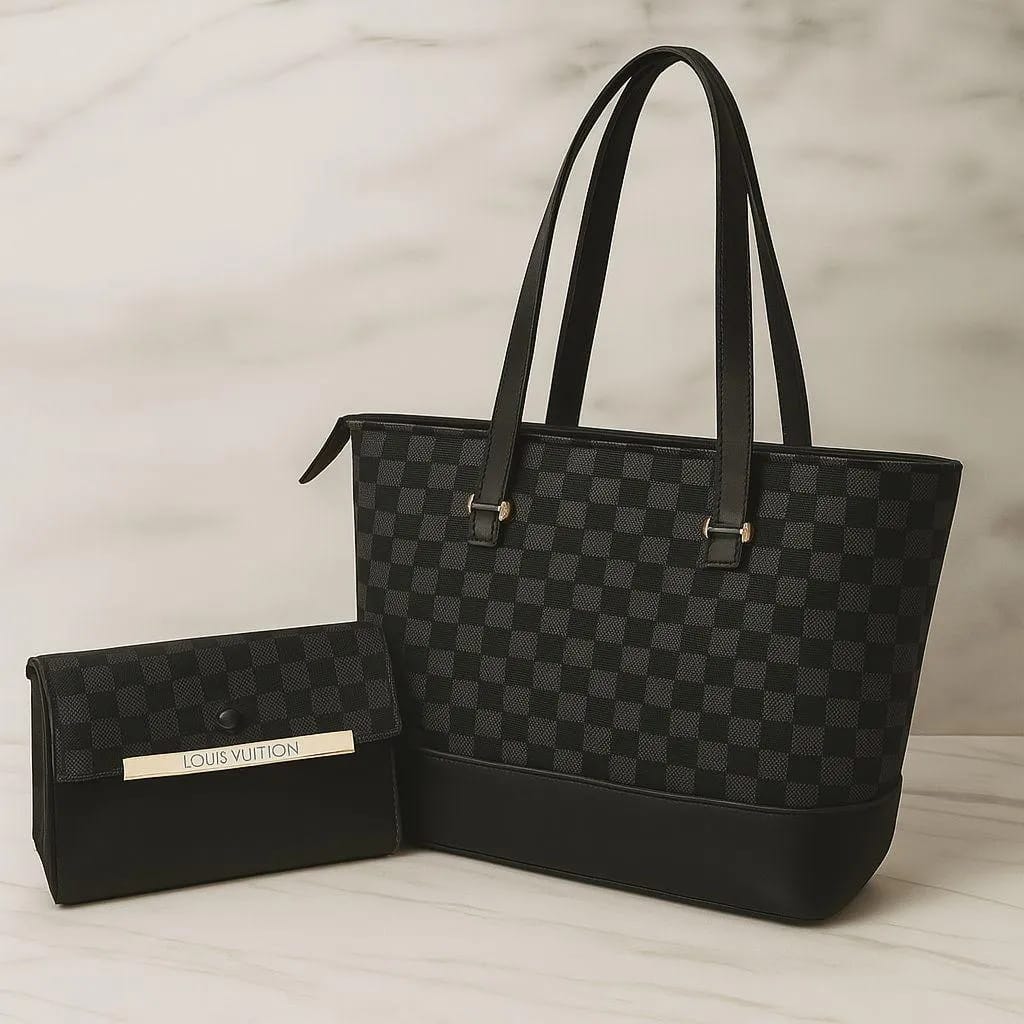 Black Checkered Leather Handbag Set