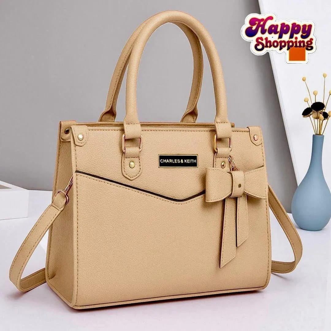 Beige Leather Shoulder Bag with Bow Accents