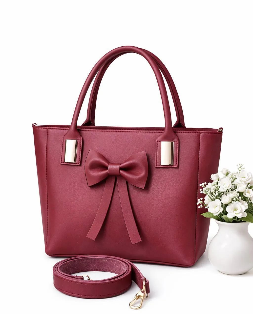 Maroon Leather Bow Shoulder Bag for Women