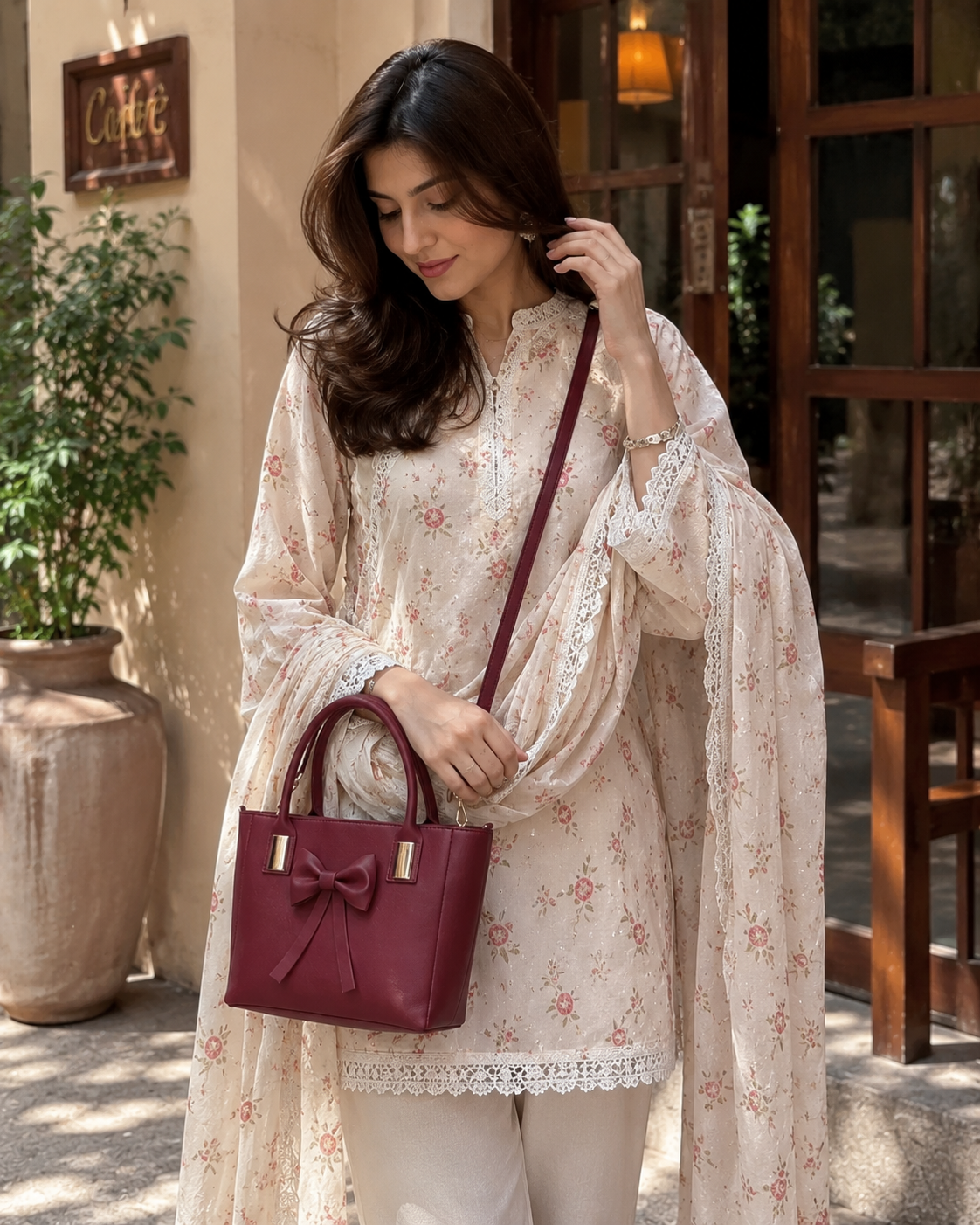 Maroon Leather Bow Shoulder Bag for Women