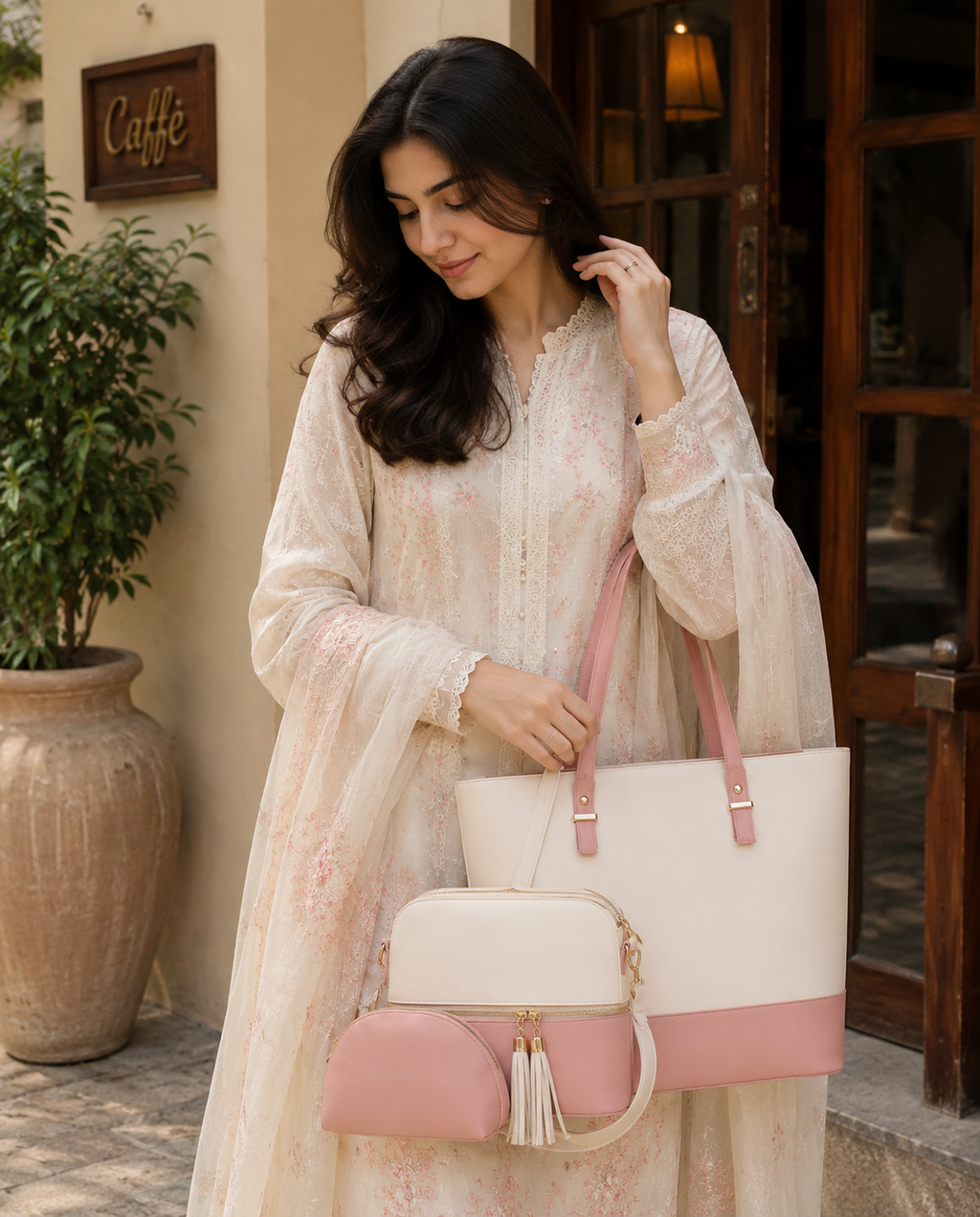 Pink Rexine 3-Piece Girls Handbag Set