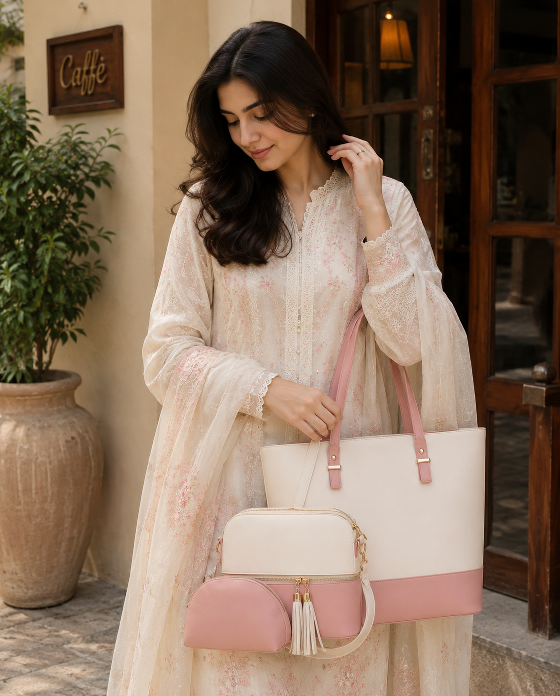 Pink Rexine 3-Piece Girls Handbag Set