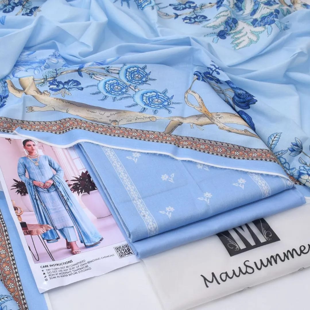 💙 Blue Luxury Combo - 3 Piece Lawn Suit + Premium Handbag + Matching Sandals