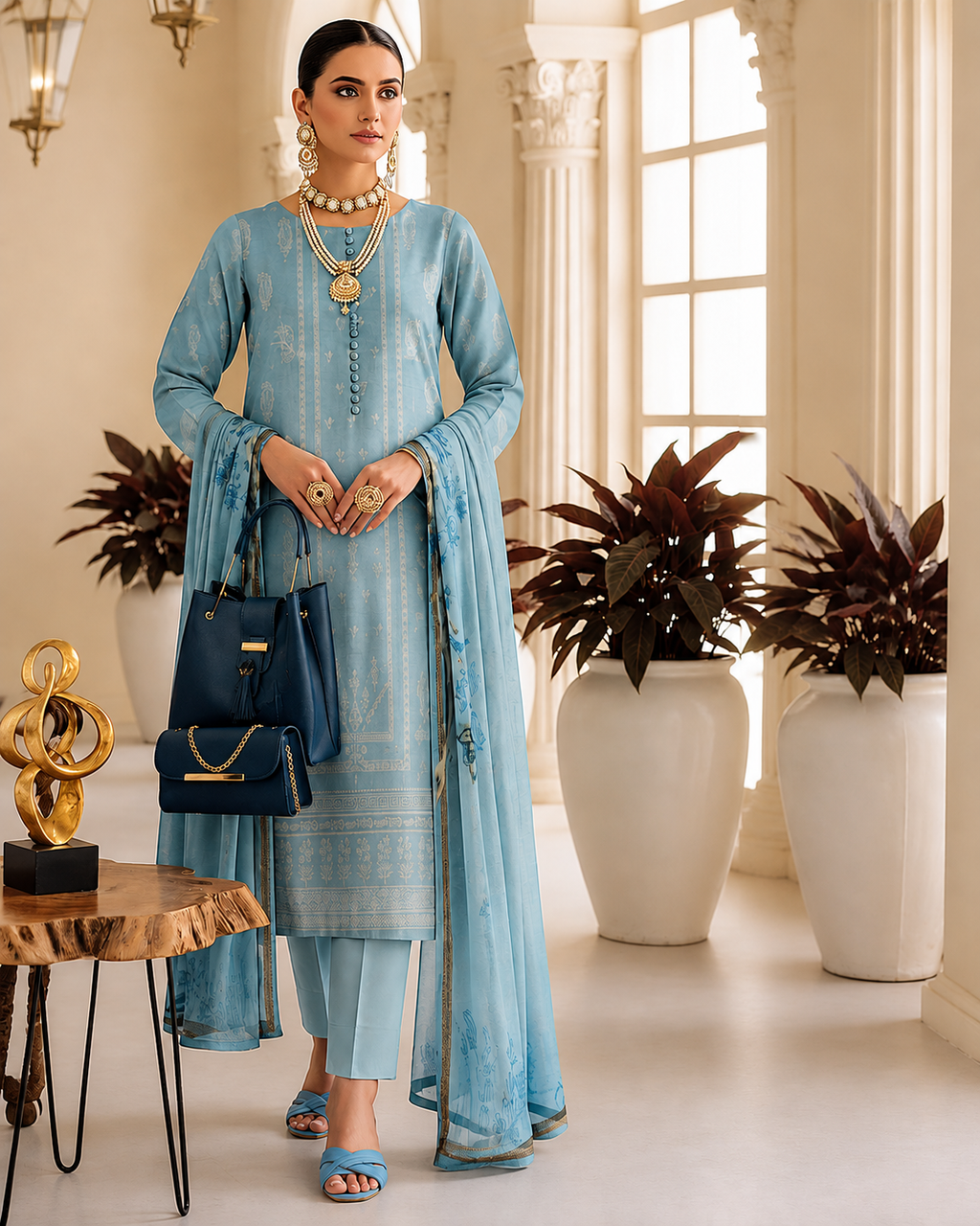 💙 Blue Luxury Combo - 3 Piece Lawn Suit + Premium Handbag + Matching Sandals