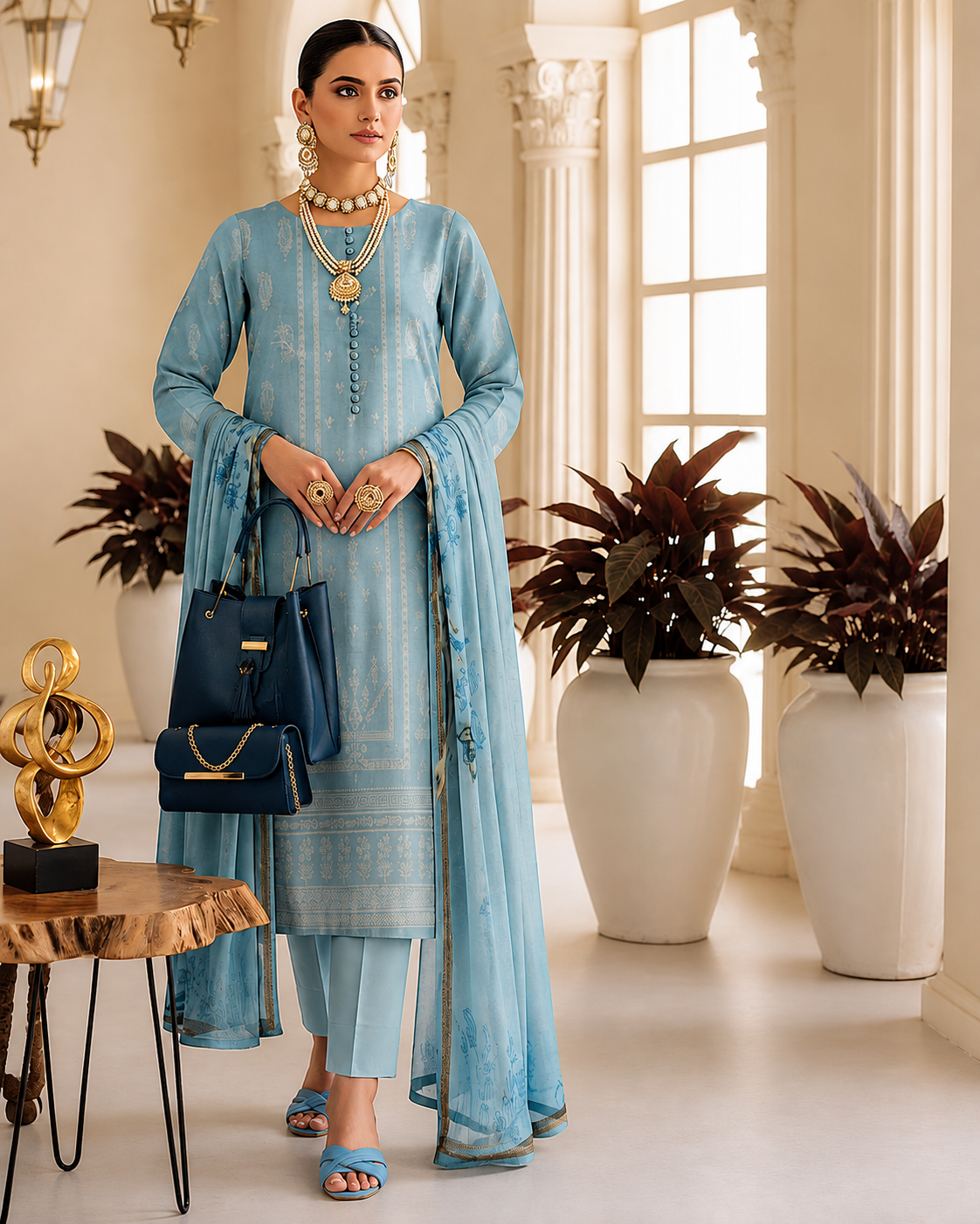 💙 Blue Luxury Combo - 3 Piece Lawn Suit + Premium Handbag + Matching Sandals