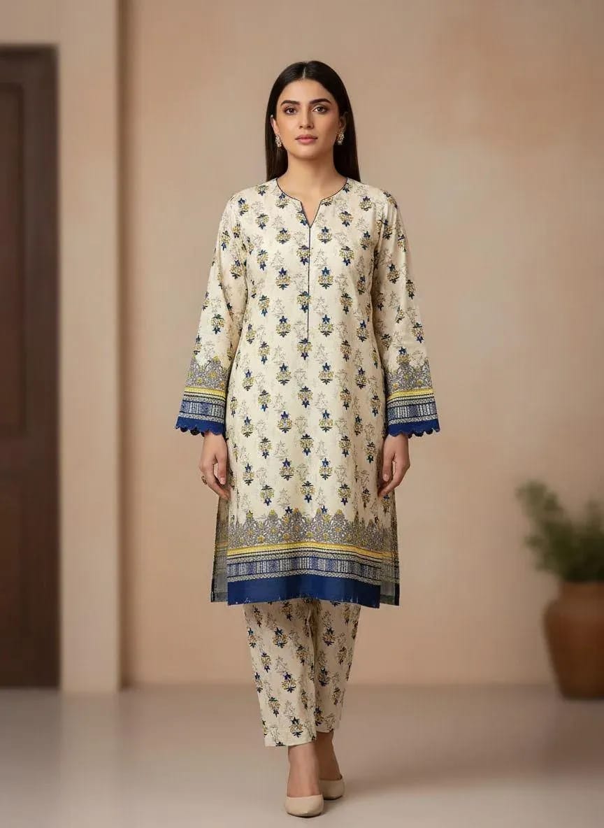 2-Piece Unstitched Printed Cotton Suit - Yellow Polo
