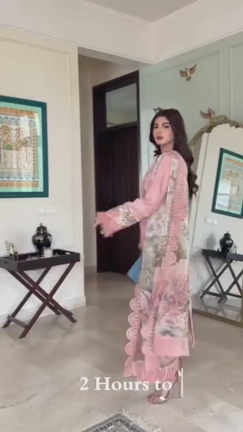 3-Piece Lawn Embroidered Pink Suit - Unstitched
